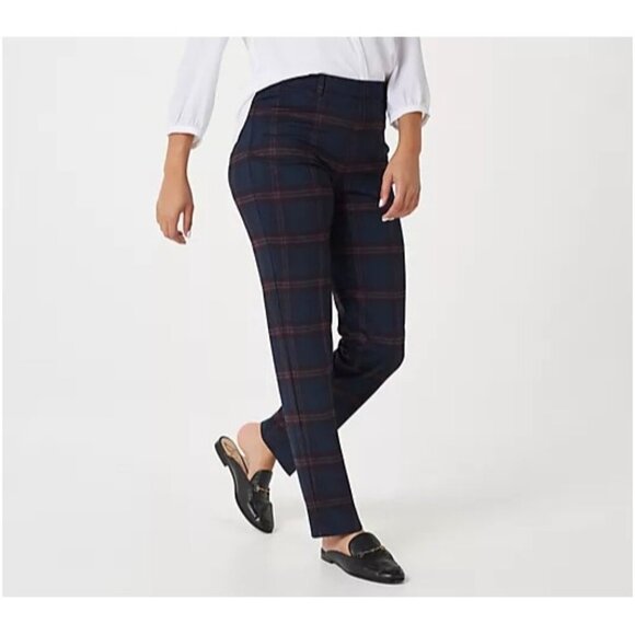 NWOT Susan Graver Printed Ponte Knit Slim-Leg Ankle Pants Sz XLP Blue Wine Plaid - Picture 1 of 9